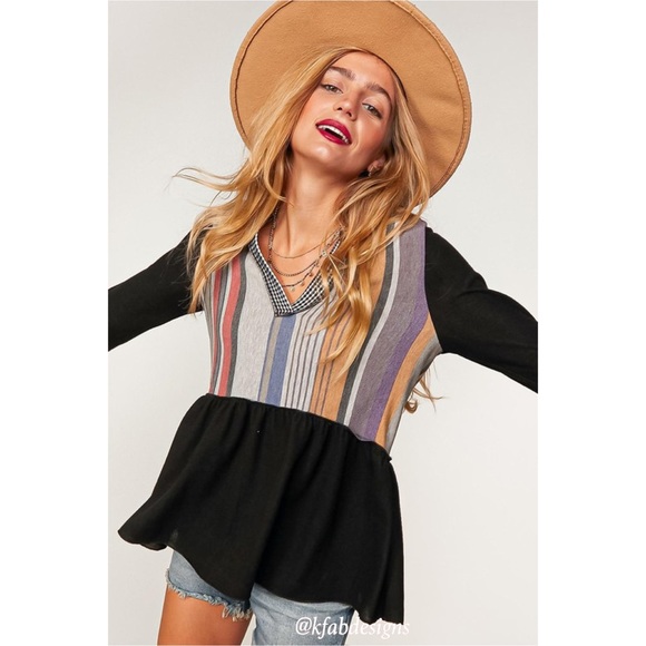 LAST 1! V Neck So Soft Multi Color Block French Terry Ruffle Sleeves and Hem Top - Picture 8 of 8